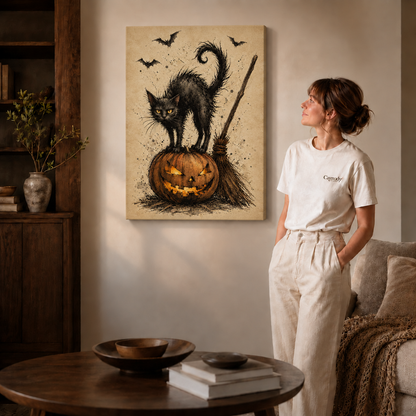 Halloween black cat artwork on an unframed canvas beside a woman dressed in white.