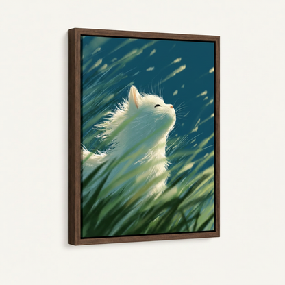 Framed canvas print of dreamy white cat in teal grass wind in dark walnut float frame on white background