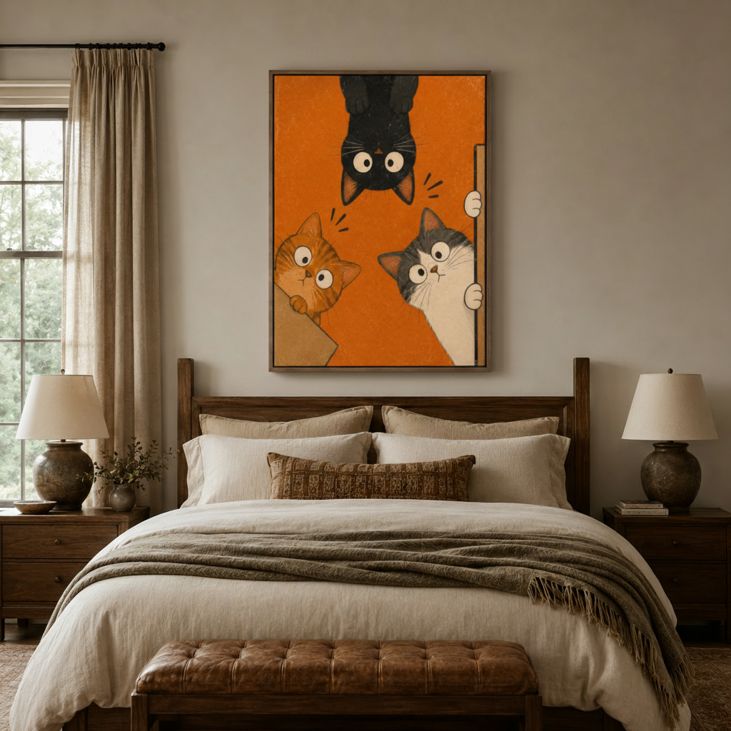 Bold orange retro cat illustration canvas in float frame centered above bedroom headboard
