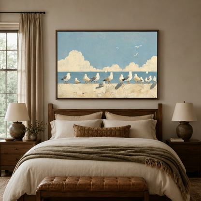 Coastal seagull canvas wall art above bed headboard in warm neutral bedroom setting