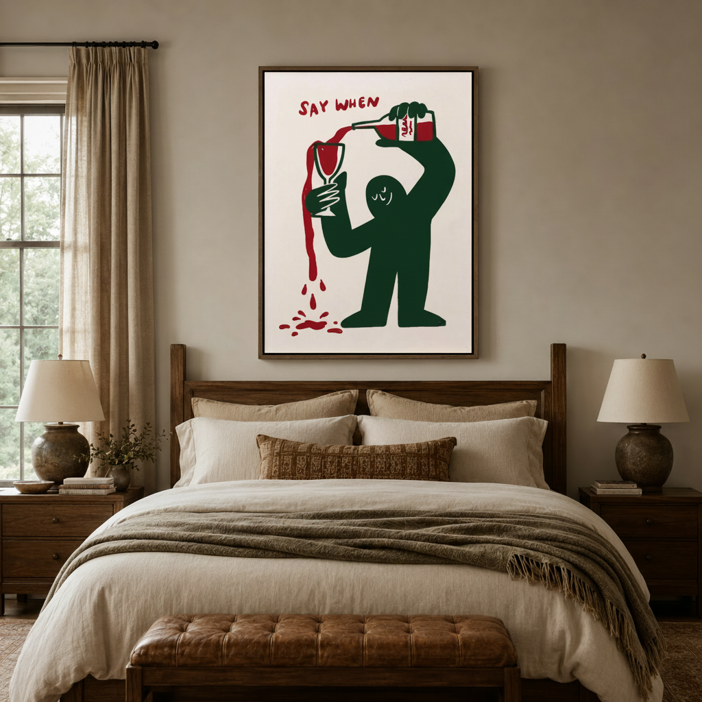 Funny wine pouring wall art in float frame above bed in cozy neutral bedroom