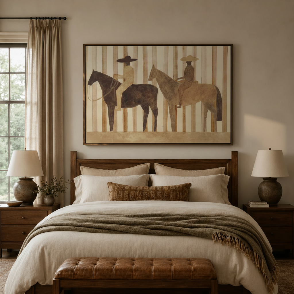 Western riders canvas print in dark walnut float frame above neutral bedroom headboard