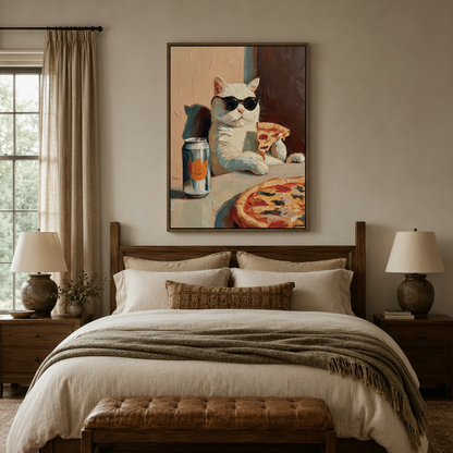 Funny cat pizza canvas wall art above a bed in a cozy neutral-toned bedroom with warm lighting