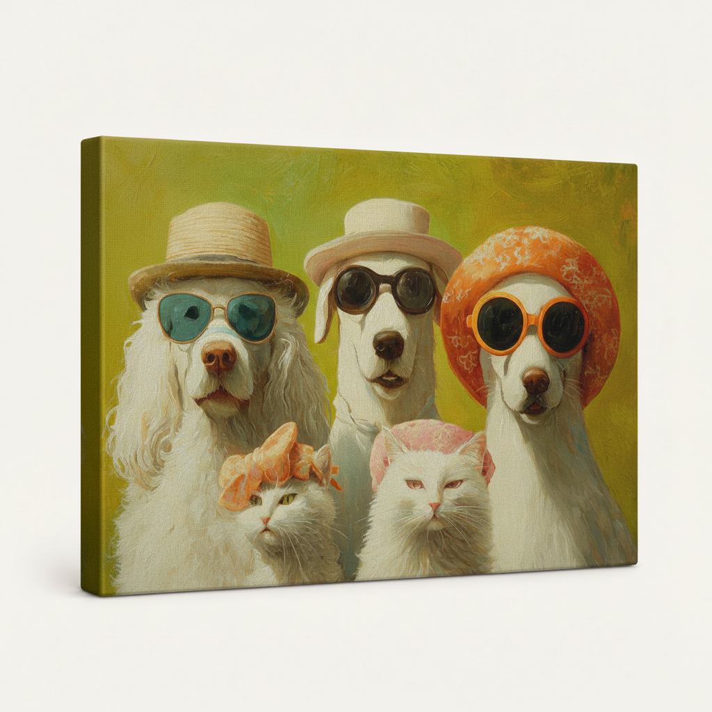 Gallery-wrapped funny pet family portrait canvas, 3/4 angle showing yellow-green wrap edges and texture