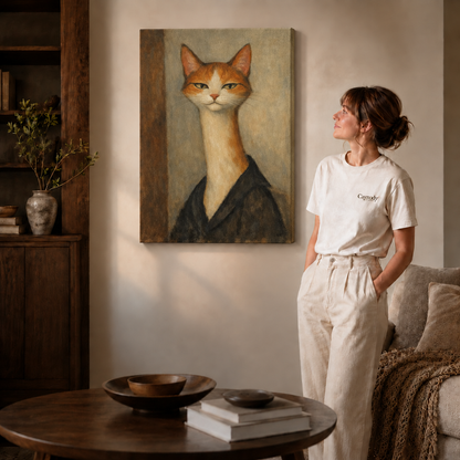Walnut framed orange cat portrait canvas styled in a sunlit contemporary living room
