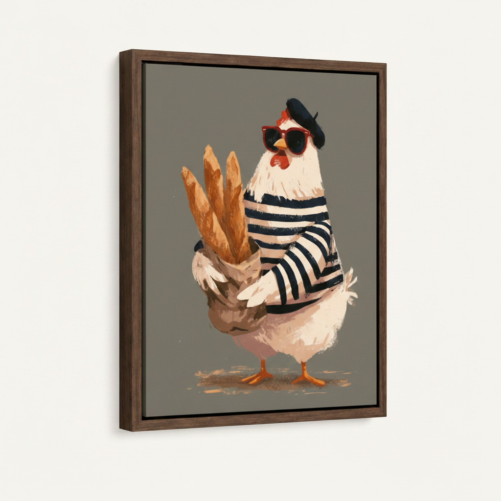 Framed whimsical French chicken illustration canvas in dark walnut float frame on white background