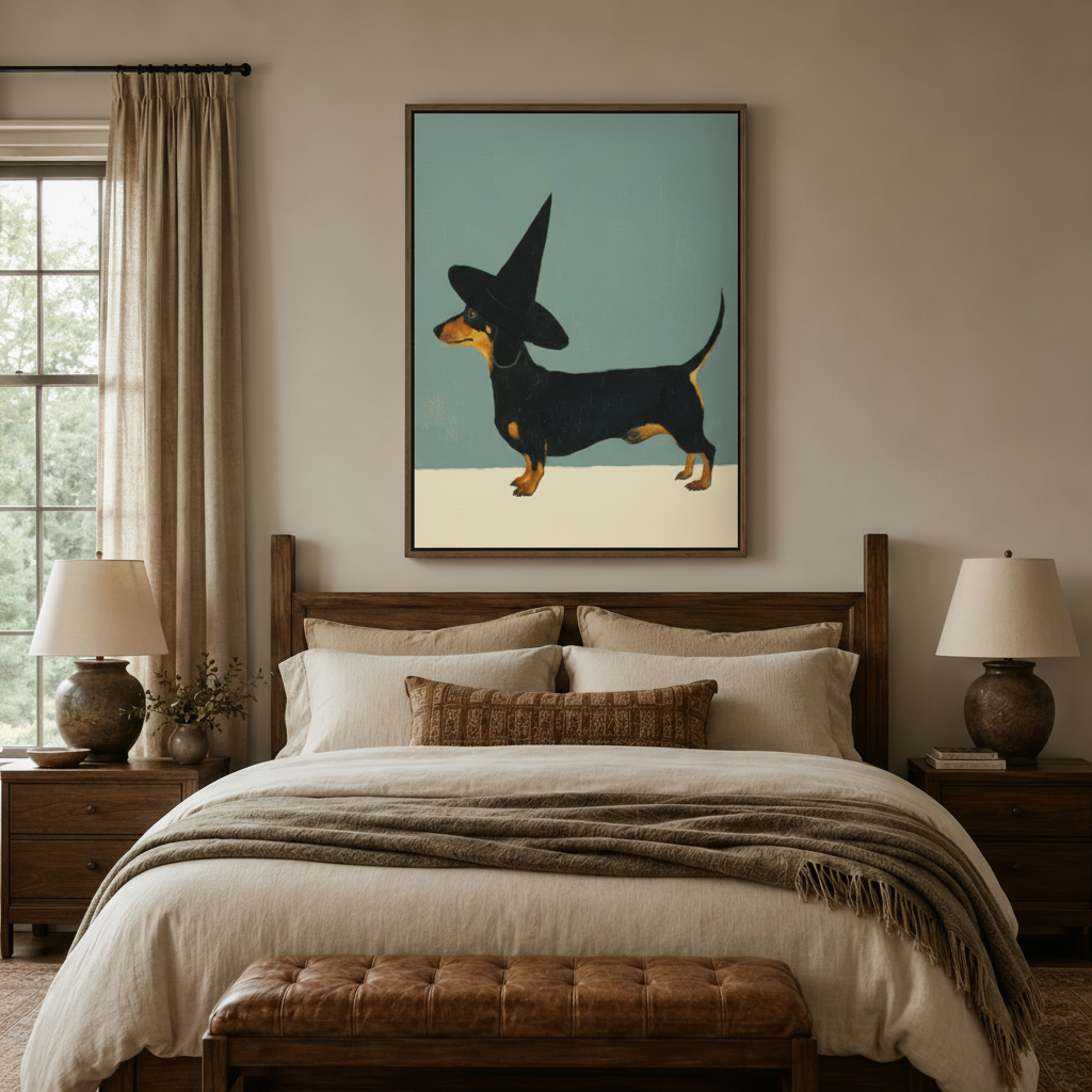 Wiener dog witch hat canvas hung above a walnut bed frame in a cozy layered-linen bedroom