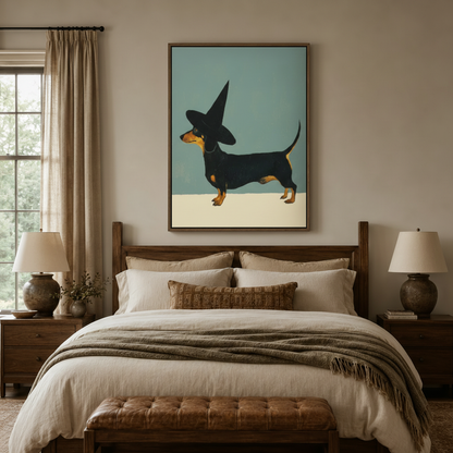 Wiener dog witch hat canvas hung above a walnut bed frame in a cozy layered-linen bedroom