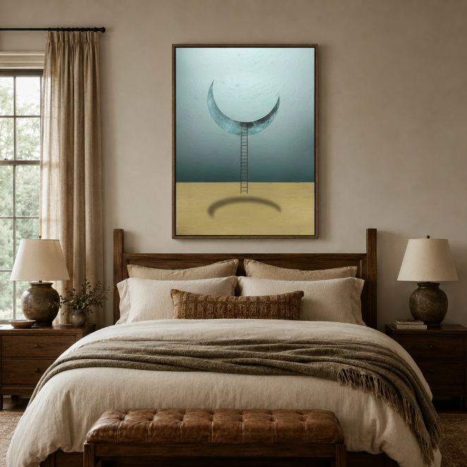 Dreamlike moon and ladder canvas print hanging above neutral bed in cozy bedroom setting