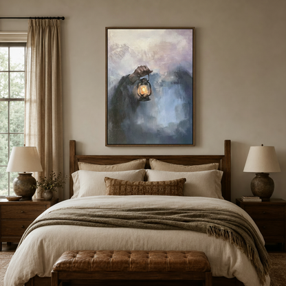 Expressive lantern mist canvas print hanging above wooden bed frame in cozy farmhouse bedroom with dual lamps