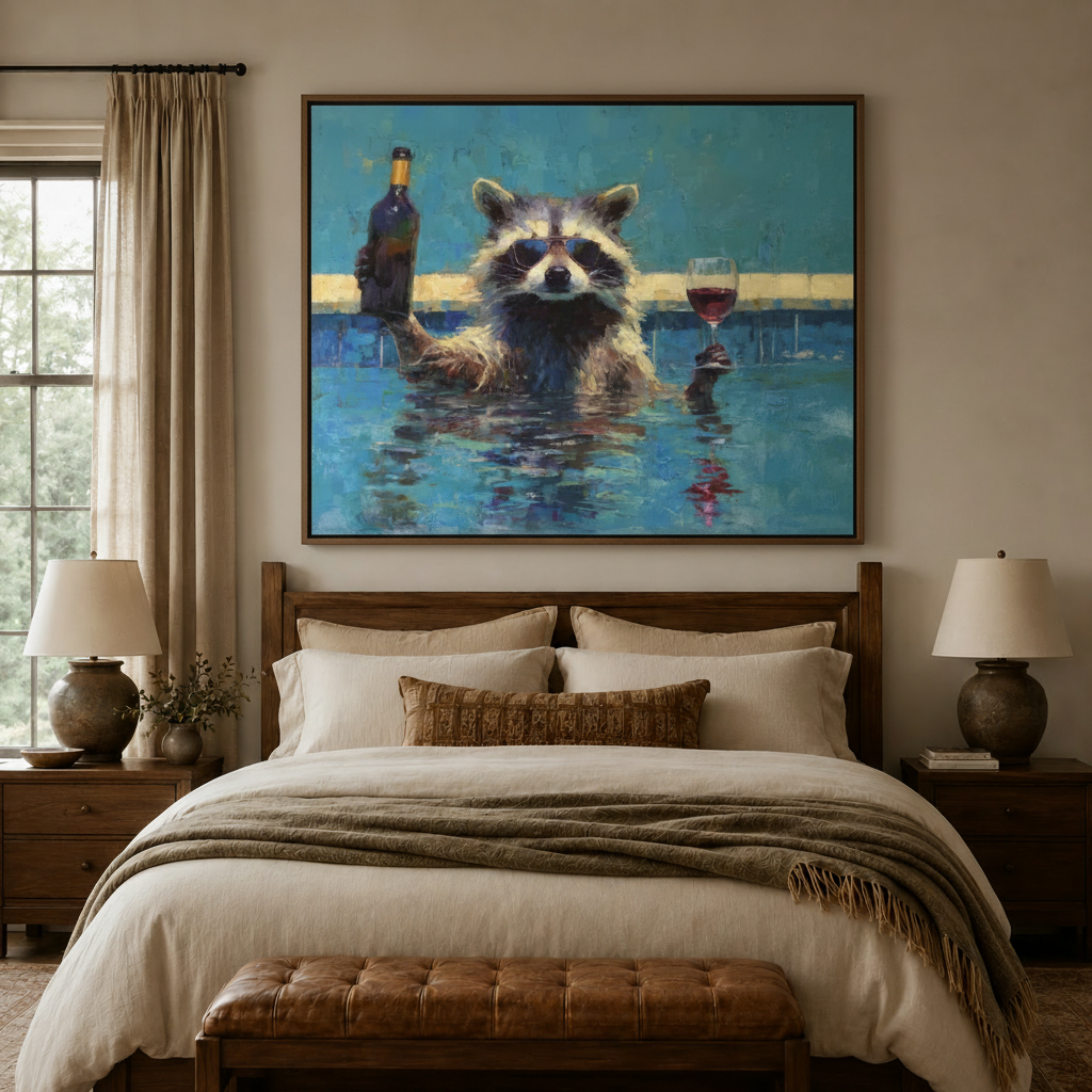Bold impasto raccoon pool art in float frame centered above bed headboard in warm bedroom