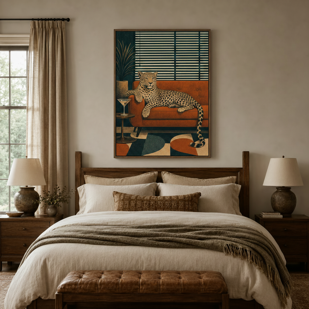 Retro leopard wall art centered above dark wood bed headboard in earthy bedroom