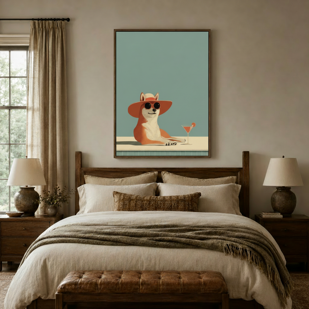 Large funny corgi pool art canvas in walnut float frame above sideboard in bright neutral living room