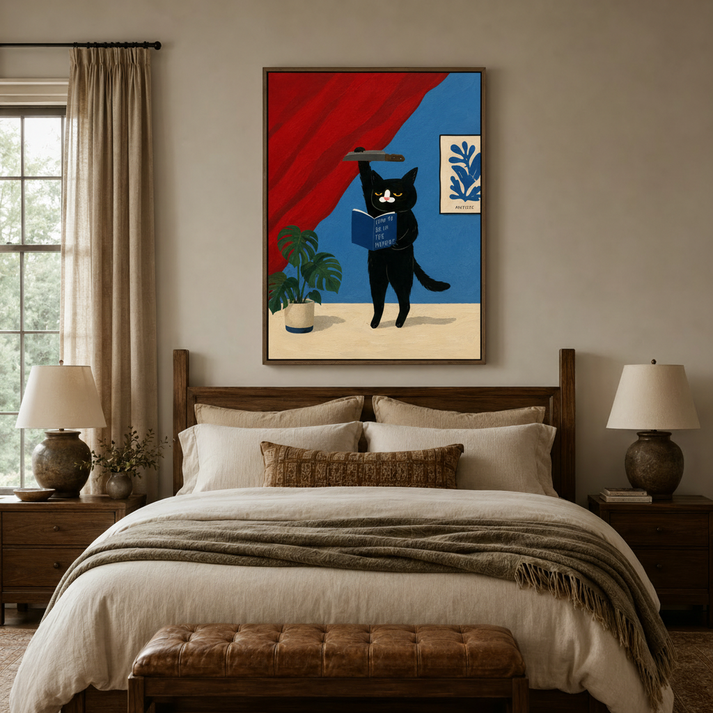 Whimsical black cat reading art print framed above bed in cozy neutral-toned bedroom