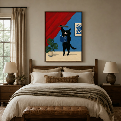 Whimsical black cat reading art print framed above bed in cozy neutral-toned bedroom