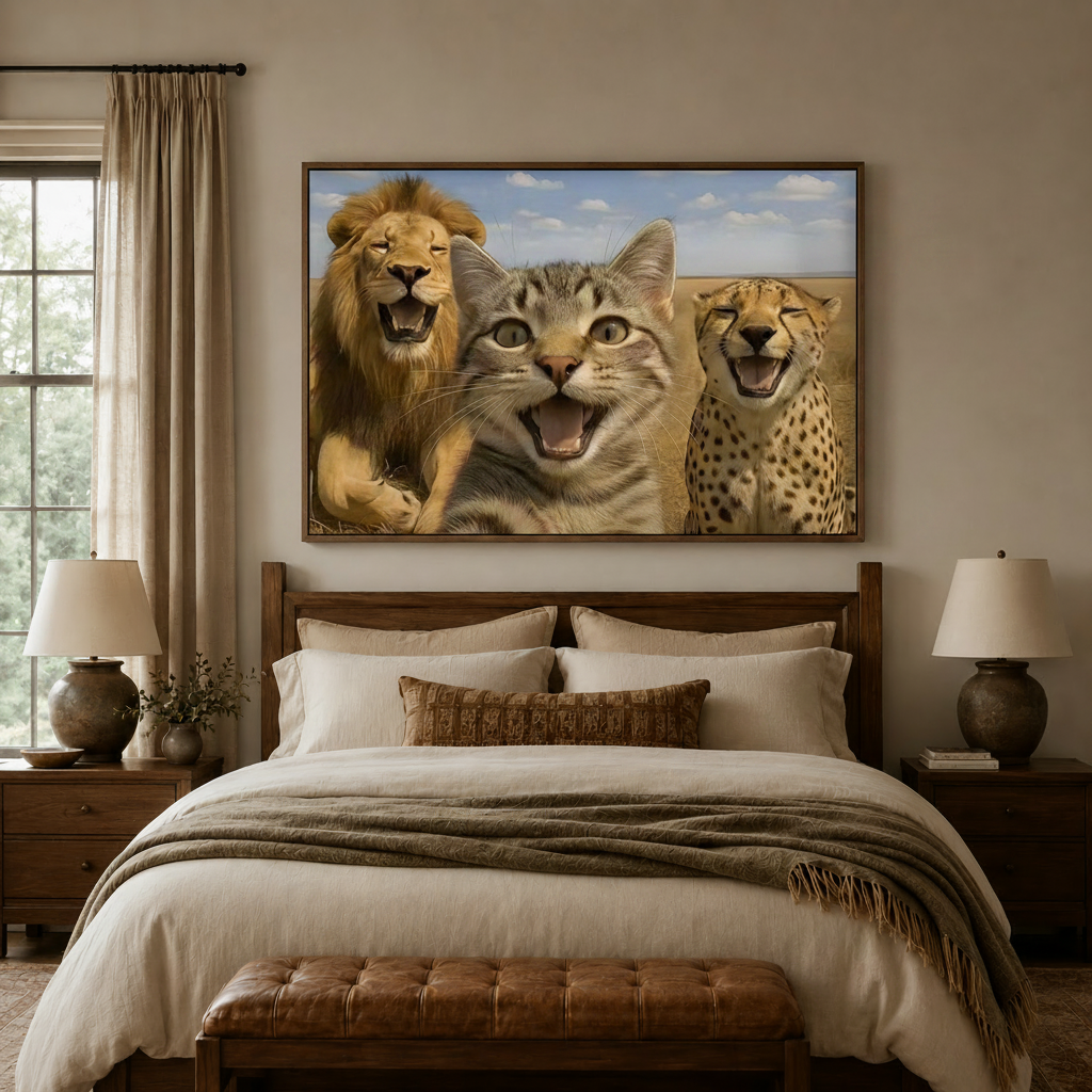 Funny animal trio canvas wall art centered above wooden bed in cozy bedroom with ceramic lamps and linen bedding