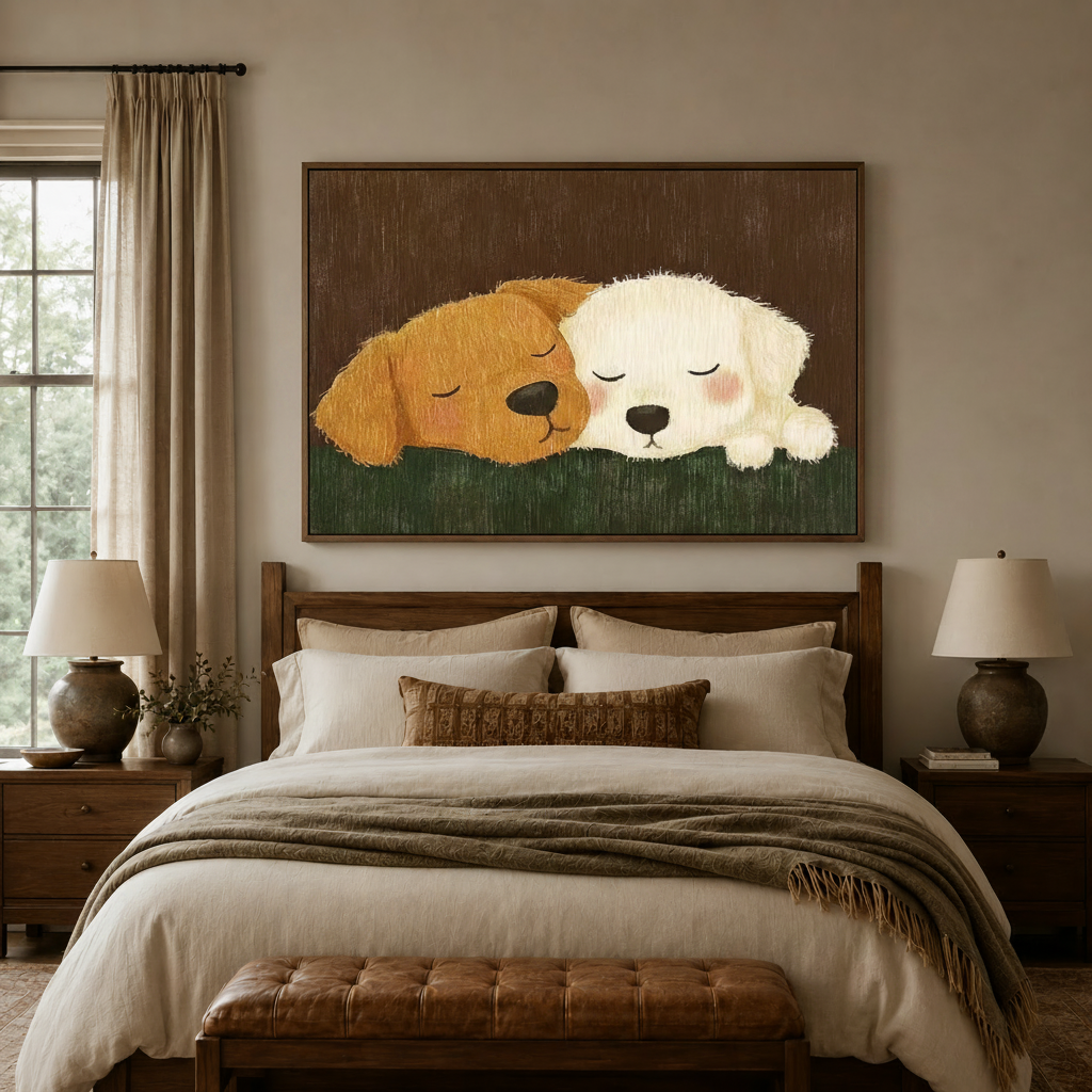 Cute sleeping puppies canvas wall art above bed headboard in soft warm-toned bedroom