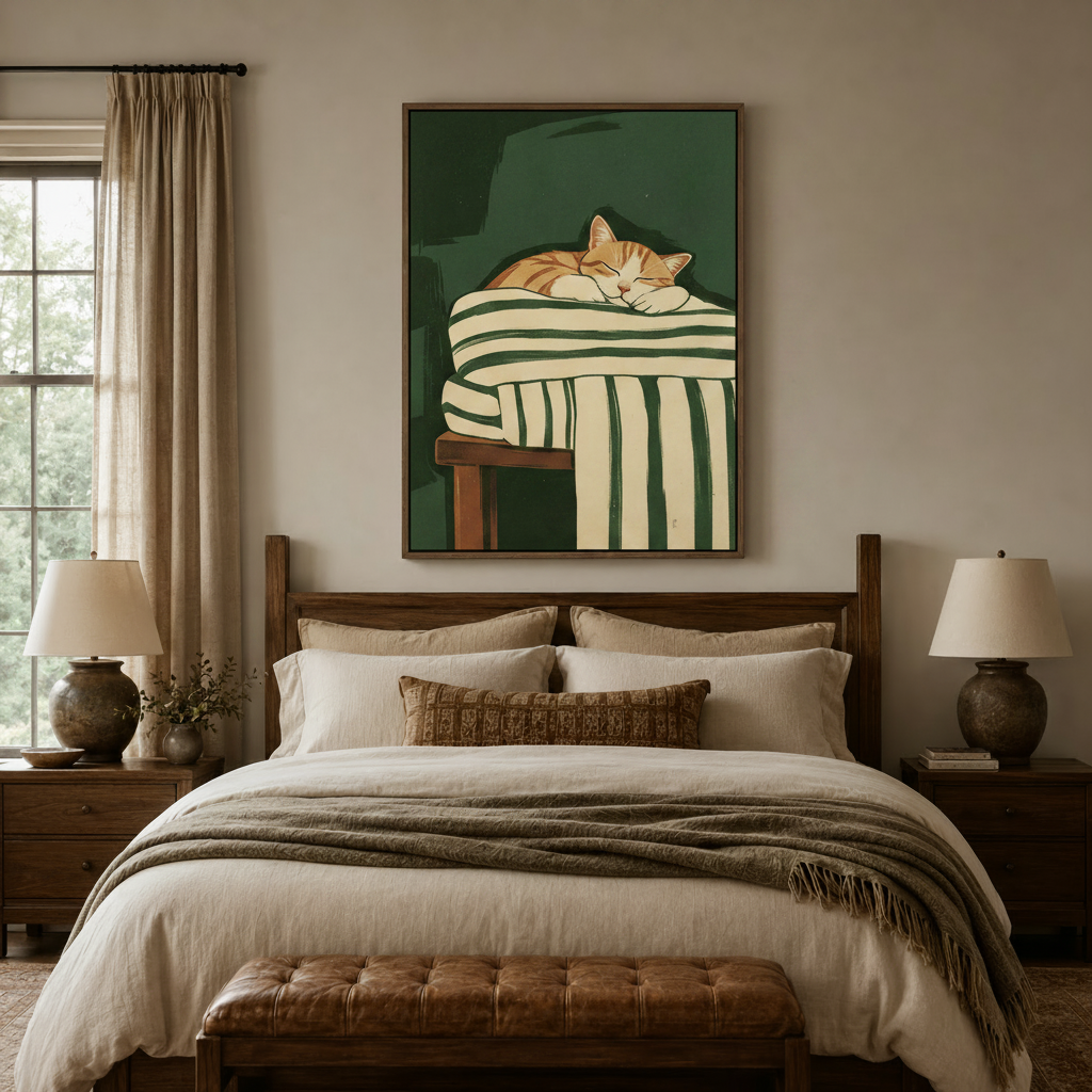 Orange tabby cat minimalist print hanging above bed in cozy neutral bedroom