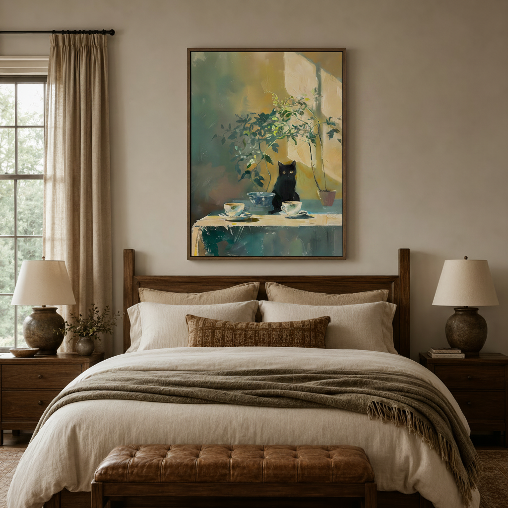 Impressionist black cat wall art displayed in bedroom setting with soft natural light and linen bedding