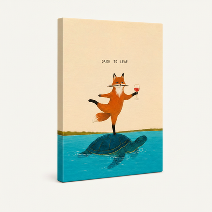 Gallery-wrapped fox turtle minimalist canvas showing cream and teal wrap edges, no frame, 3/4 angle view