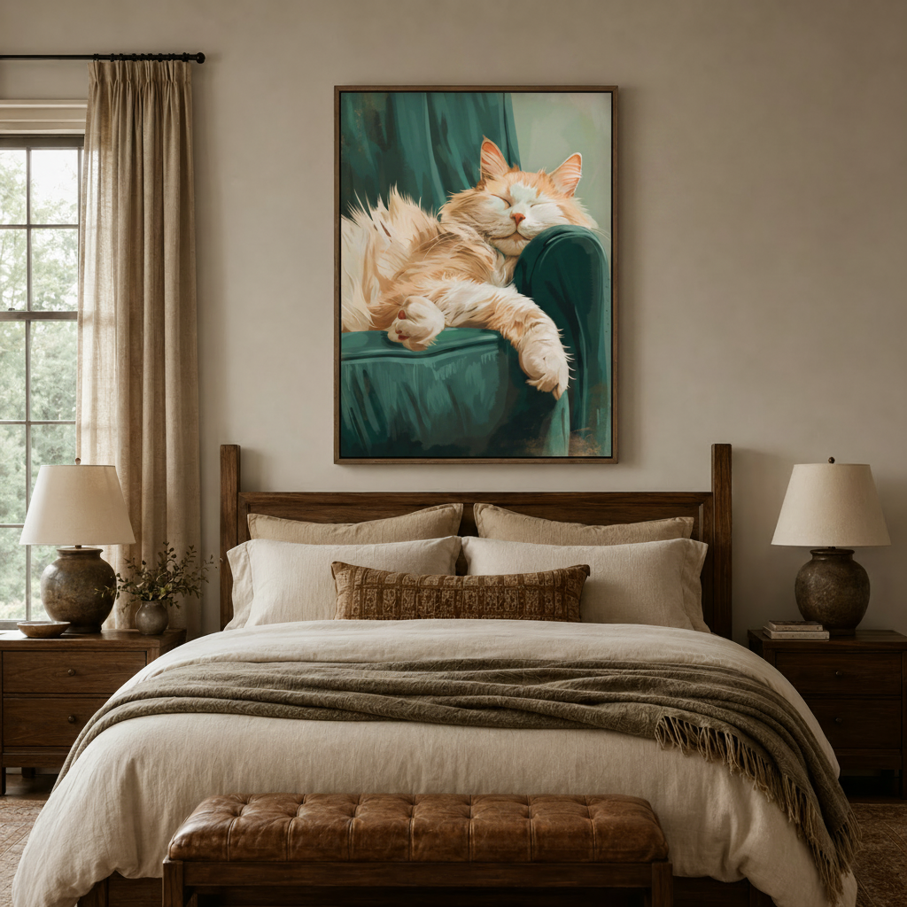 Cozy sleeping cat canvas print centered above dark walnut bed in neutral traditional bedroom