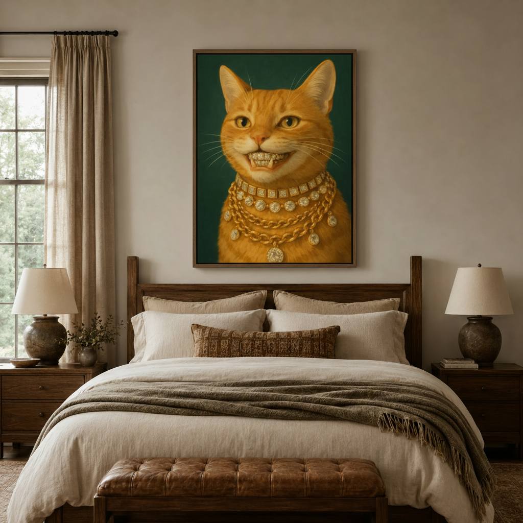 Hyperrealistic cat with diamond chains canvas wall art above bed in cozy bedroom interior