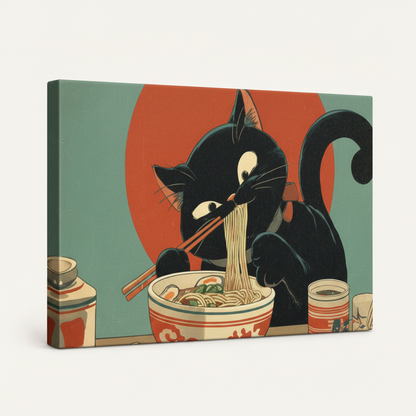 Gallery-wrapped black cat ramen Japanese art canvas, 3/4 angle showing wrap edges