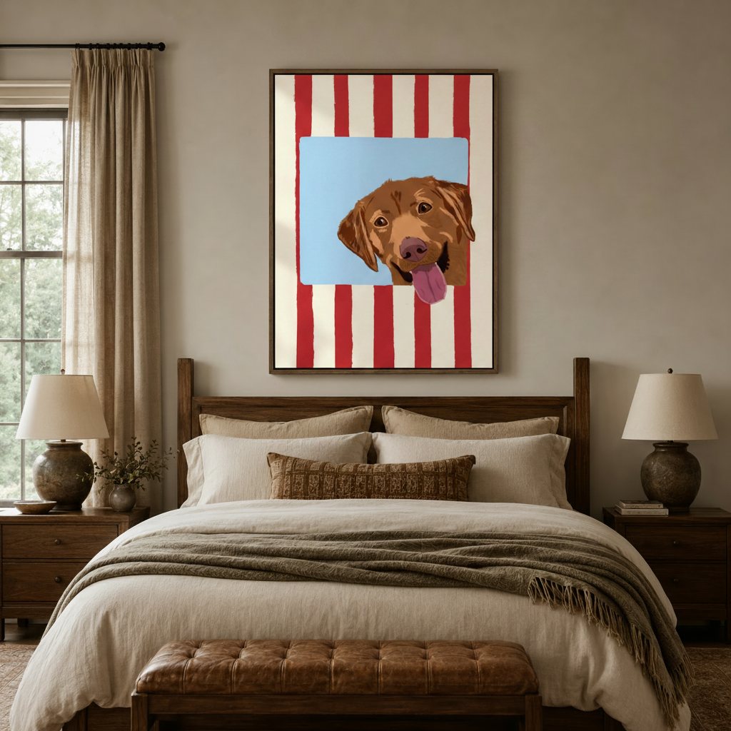 Playful red stripe golden retriever canvas above bed in cozy neutral bedroom