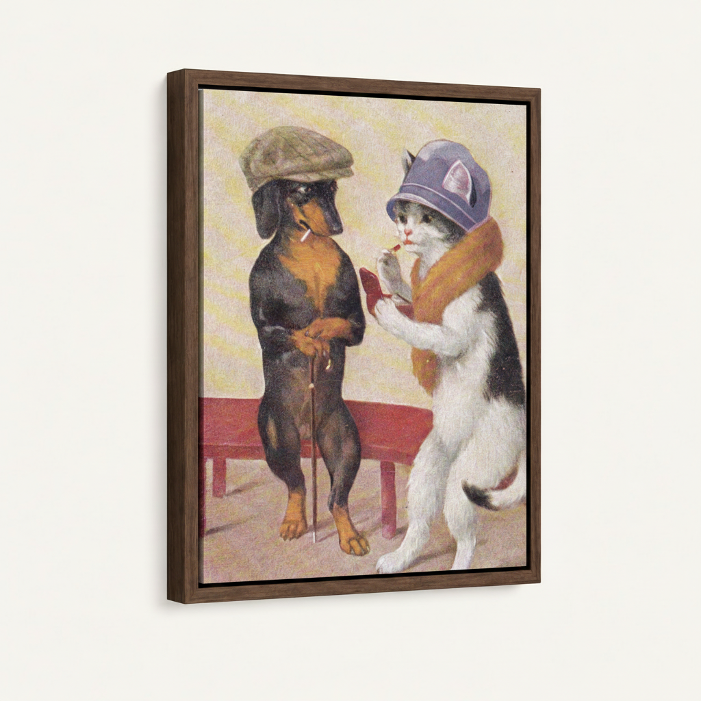 Dachshund cat vintage illustration framed canvas with dark walnut float frame on white background, angled view