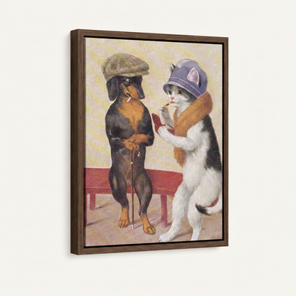 Dachshund cat vintage illustration framed canvas with dark walnut float frame on white background, angled view