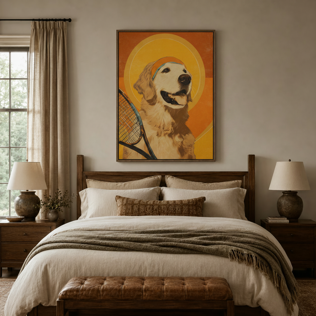 Golden retriever retro portrait canvas art centered above bed in cozy bedroom interior