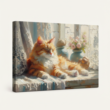 Gallery wrapped ginger cat sleeping window impressionist canvas side view warm lace curtain tones wrapping edges