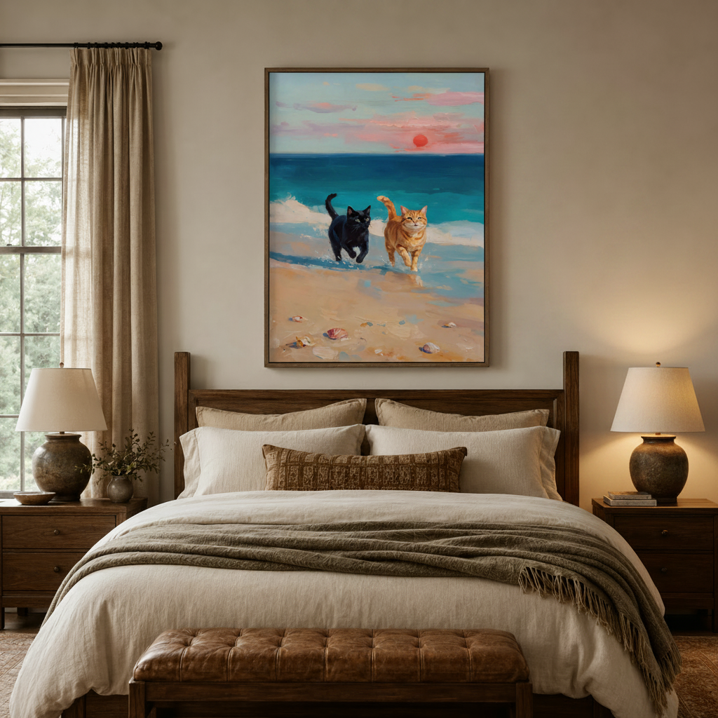  Coastal sunset cat wall art above bed in cozy bedroom with warm lighting
