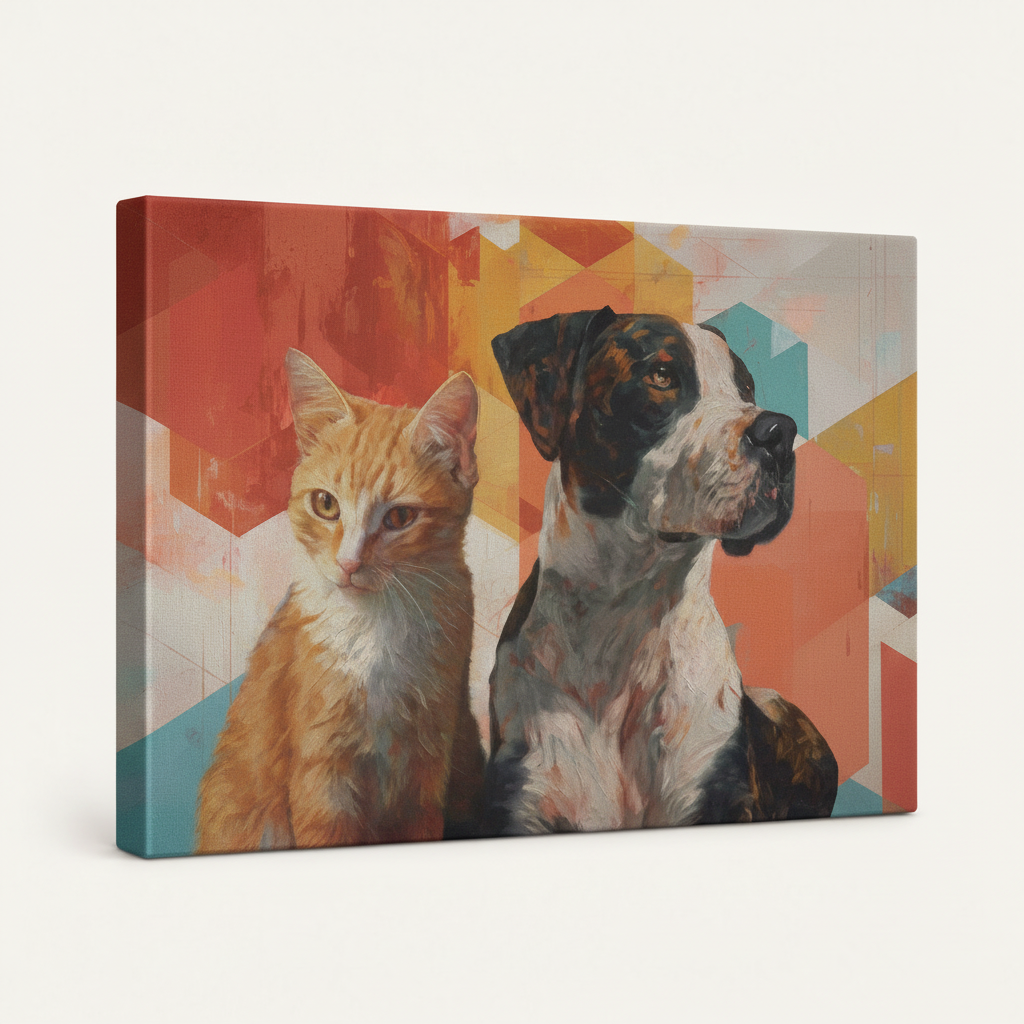 Gallery-wrapped cat dog portrait canvas, 3/4 angle view showing coral wrap edges