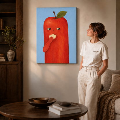 Red apple character canvas with a blue background displayed in a contemporary living room.