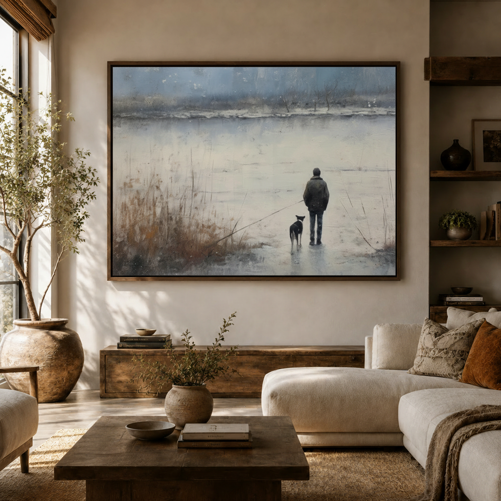 Large framed figurative winter landscape canvas hanging above a sofa in a cozy organic living room