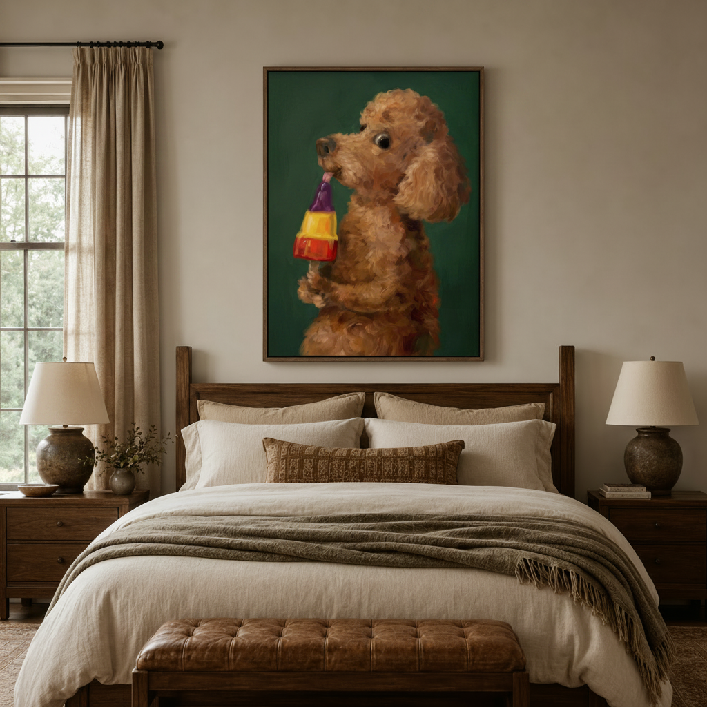 Whimsical pet portrait canvas above a wood-frame bed in a cozy neutral bedroom