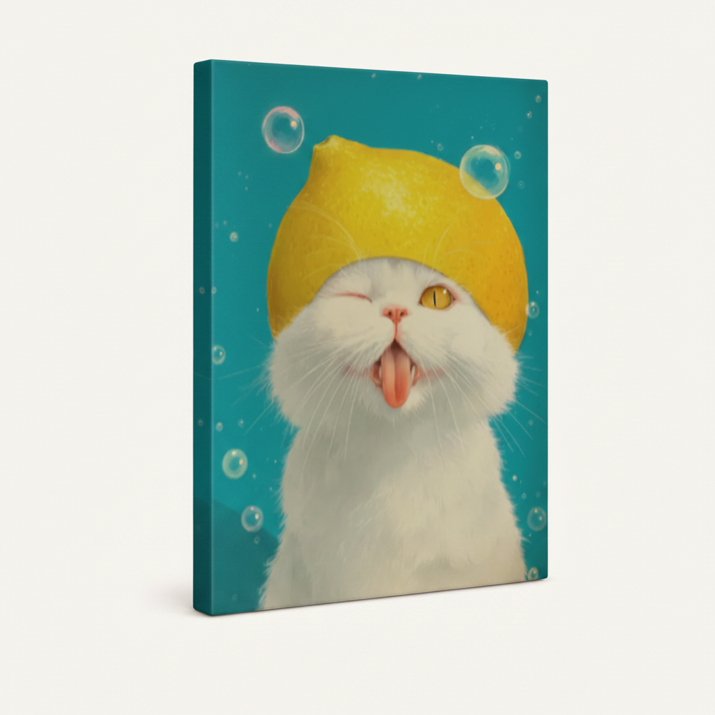 Lemon cat funny kawaii gallery wrap canvas 3/4 side view showing teal wrapped edges on clean off-white background no shadow