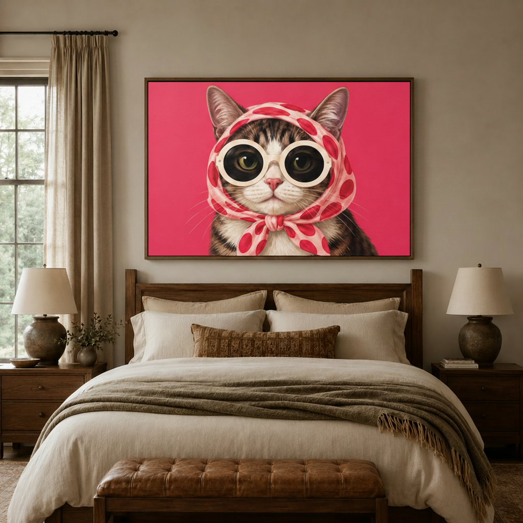 Funny cat pop art canvas in a dark walnut float frame centered above a bed in a cozy bedroom