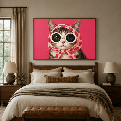 Funny cat pop art canvas in a dark walnut float frame centered above a bed in a cozy bedroom