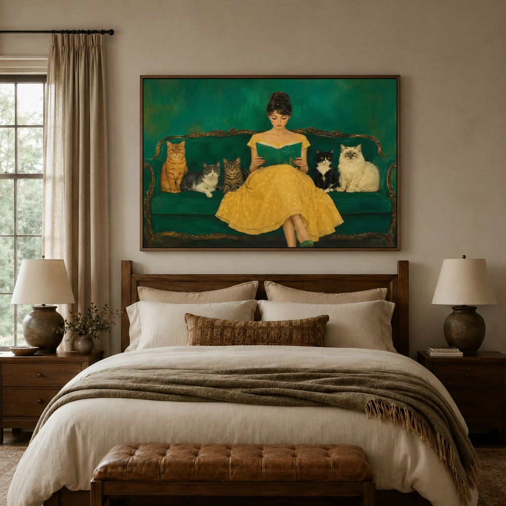 Vintage figure canvas art above bed headboard featuring woman in yellow dress surrounded by five cats