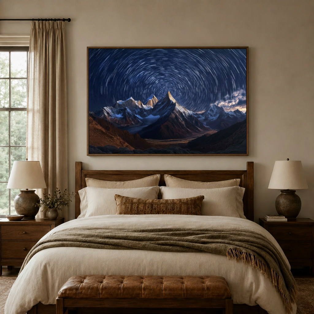Framed star trail canvas wall art centered above bed headboard in a warm neutral bedroom setting