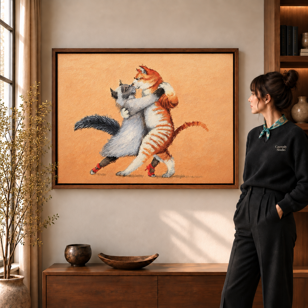 Dancing cats canvas art displayed above a wood coffee table in a warm living room.