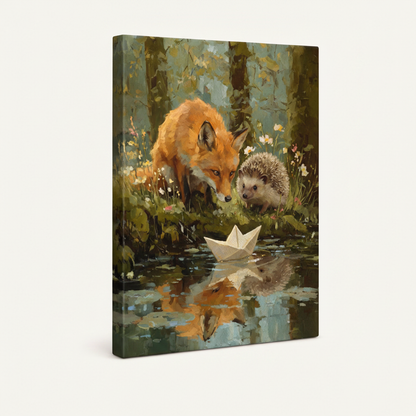 Gallery-wrapped fox hedgehog forest stream canvas with warm green woodland wrap edges extending naturally