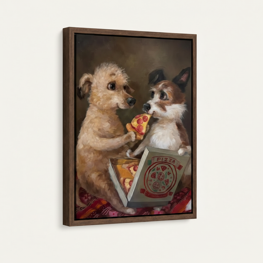  Poodle cat pizza funny animal framed canvas with dark walnut float frame on white background, angled product view