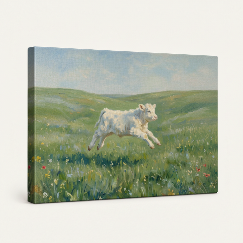 Gallery-wrapped leaping white calf meadow canvas, 3/4 angle showing lush green grass tones wrapping around edges