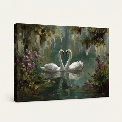 Gallery wrapped swan heart lake romantic canvas side view showing deep teal-green foliage wrapping edges