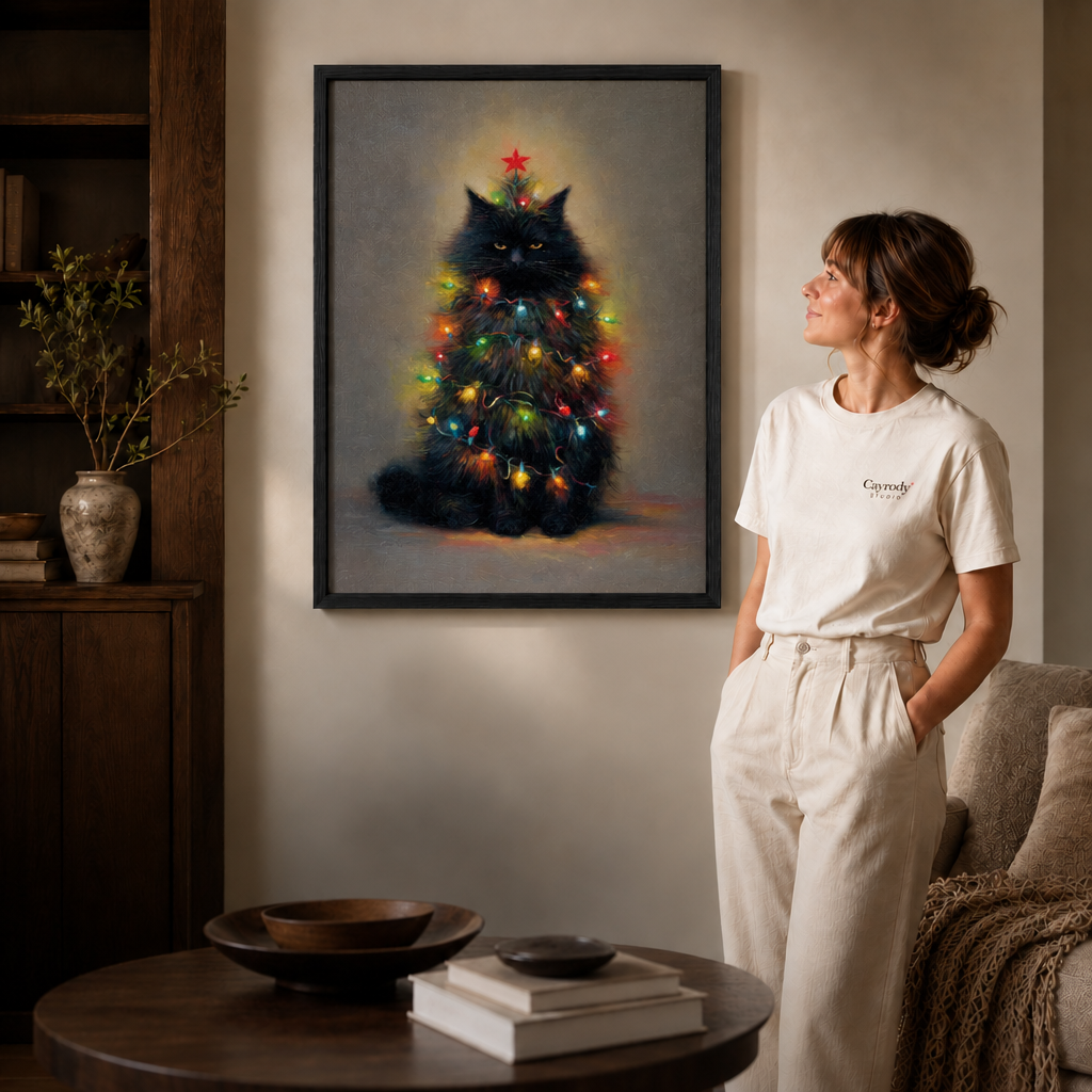 Black-framed black cat Christmas tree art beside a woman in a softly lit room.