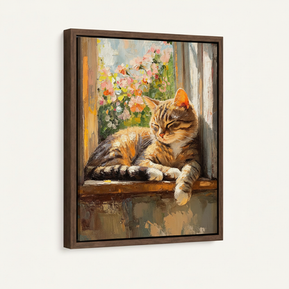 Framed tabby cat window wall art in dark walnut float frame, angled product view