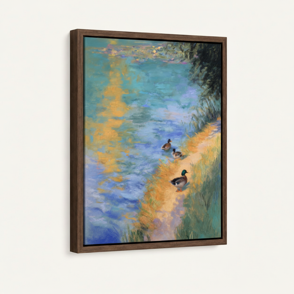 Mallard duck impressionist canvas in dark float frame, portrait orientation, 3/4 angle wall display
